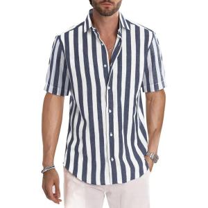 JMIERR Men’s Casual Stylish Short Sleeve Button-Up Striped Dress Shirts Cotton Beach Shirt(Navy Blue Stripe)