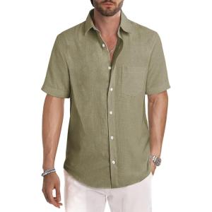 JMIERR Men’s Casual Stylish Short Sleeve Button-Up Striped Dress Shirts Cotton Beach Shirt(Olive Green)