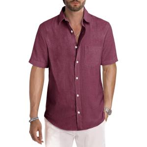 JMIERR Men’s Casual Stylish Short Sleeve Button-Up Striped Dress Shirts Cotton Beach Shirt(Purplish Red)