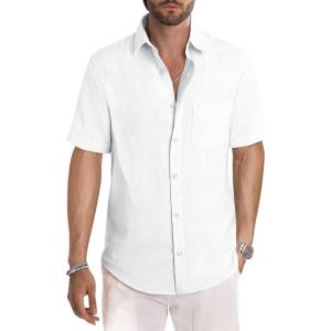 JMIERR Men’s Casual Stylish Short Sleeve Button-Up Striped Dress Shirts Cotton Beach Shirt(White)