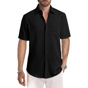 JMIERR Men’s Casual Stylish Short Sleeve Button-Up Striped Dress Shirts Cotton Beach Shirt(Z Black)