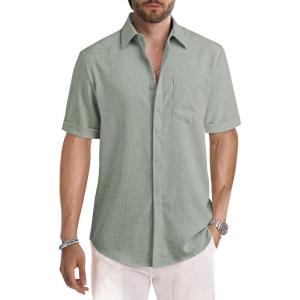 JMIERR Men’s Casual Stylish Short Sleeve Button-Up Striped Dress Shirts Cotton Beach Shirt(Z Laurel Green)