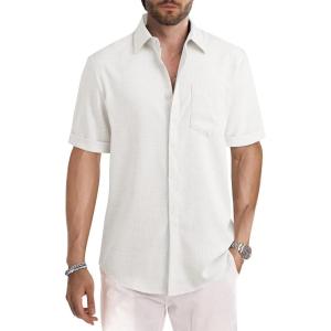 JMIERR Men’s Casual Stylish Short Sleeve Button-Up Striped Dress Shirts Cotton Beach Shirt(Z White)