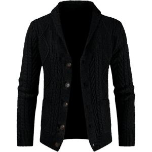 JMIERR Men’s Casual Wool Blend Cardigan Sweaters Long Sleeve Shawl Collar Buttons Down Cable Knit Sweater(1 Black)