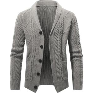 JMIERR Men’s Casual Wool Blend Cardigan Sweaters Long Sleeve Shawl Collar Buttons Down Cable Knit Sweater(5 Light Grey)
