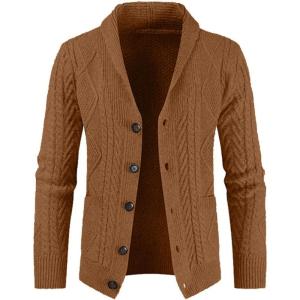 JMIERR Men’s Casual Wool Blend Cardigan Sweaters Long Sleeve Shawl Collar Buttons Down Cable Knit Sweater(A Brown)