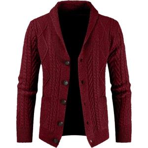JMIERR Men’s Casual Wool Blend Cardigan Sweaters Long Sleeve Shawl Collar Buttons Down Cable Knit Sweater(C Red)
