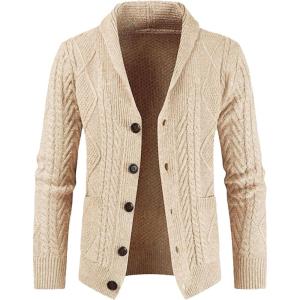 JMIERR Men’s Casual Wool Blend Cardigan Sweaters Long Sleeve Shawl Collar Buttons Down Cable Knit Sweater(D Apricot)