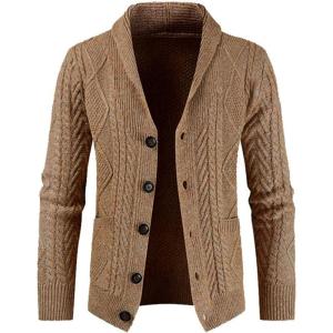 JMIERR Men’s Casual Wool Blend Cardigan Sweaters Long Sleeve Shawl Collar Buttons Down Cable Knit Sweater(D Khaki)