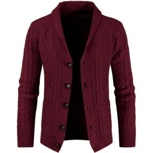 JMIERR Men’s Casual Wool Blend Cardigan Sweaters Long Sleeve Shawl Collar Buttons Down Cable Knit Sweater(D Red)