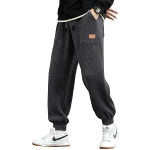 JMIERR Mens Corduroy Joggers Pants Casual Cargo Pants Drawstring Elastic Waist Baggy Tapered Sweatpants with Pockets(Dark Grey)