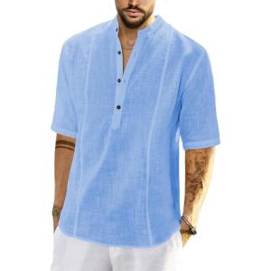 JMIERR Mens Cotton Linen Henley Shirt Casual Button Down Short Sleeve Tropical Shirts Summer Beach T Shirts(B Sky Blue)