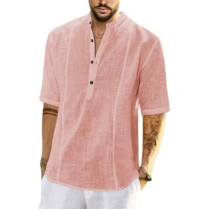 JMIERR Mens Cotton Linen Henley Shirt Casual Button Down Short Sleeve Tropical Shirts Summer Beach T Shirts(C Pink)