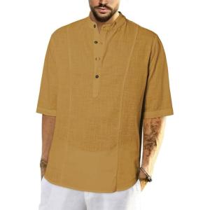 JMIERR Mens Cotton Linen Henley Shirt Casual Button Down Short Sleeve Tropical Shirts Summer Beach T Shirts(D Khaki)