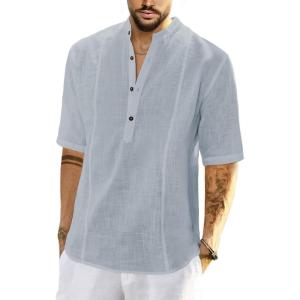 JMIERR Mens Cotton Linen Henley Shirt Casual Button Down Short Sleeve Tropical Shirts Summer Beach T Shirts(E Gray)