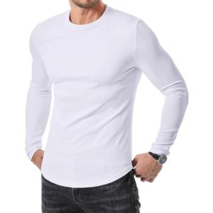 JMIERR Mens Fall Crewneck Shirt Long Sleeve Anti-Wrinkle Casual Muscle T Shirts Longline Ribbed Shirts(01 White)