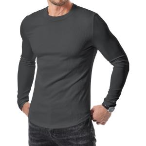 JMIERR Mens Fall Crewneck Shirt Long Sleeve Anti-Wrinkle Casual Muscle T Shirts Longline Ribbed Shirts(02 Dark Grey)
