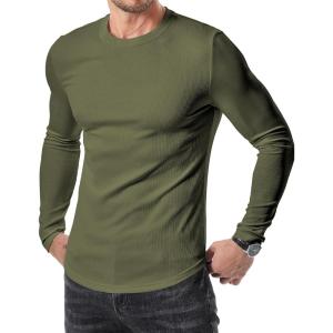 JMIERR Mens Fall Crewneck Shirt Long Sleeve Anti-Wrinkle Casual Muscle T Shirts Longline Ribbed Shirts(03 Army Green)