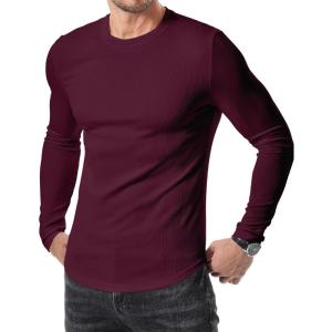 JMIERR Mens Fall Crewneck Shirt Long Sleeve Anti-Wrinkle Casual Muscle T Shirts Longline Ribbed Shirts(04 Burgundy)