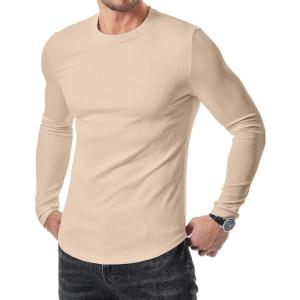 JMIERR Mens Fall Crewneck Shirt Long Sleeve Anti-Wrinkle Casual Muscle T Shirts Longline Ribbed Shirts(05 Beige)