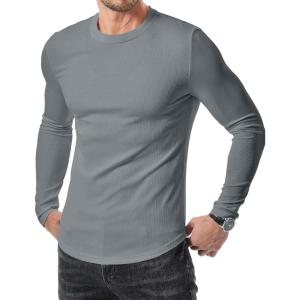 JMIERR Mens Fall Crewneck Shirt Long Sleeve Anti-Wrinkle Casual Muscle T Shirts Longline Ribbed Shirts(Gray)