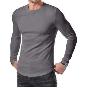 JMIERR Mens Fall Crewneck Shirt Long Sleeve Anti-Wrinkle Casual Muscle T Shirts Longline Ribbed Shirts(Medium Grey)