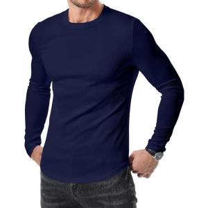 JMIERR Mens Fall Crewneck Shirt Long Sleeve Anti-Wrinkle Casual Muscle T Shirts Longline Ribbed Shirts(Navy Blue)