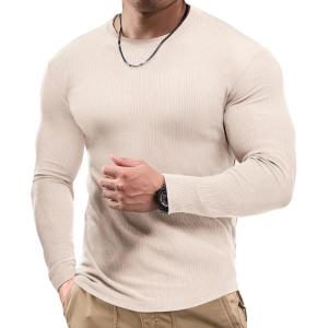 JMIERR Mens Fall Crewneck Shirt Long Sleeve Anti-Wrinkle Casual Muscle T Shirts Workout Slim Fitted(A Beige)