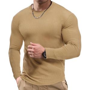 JMIERR Mens Fall Crewneck Shirt Long Sleeve Anti-Wrinkle Casual Muscle T Shirts Workout Slim Fitted(B Brown)
