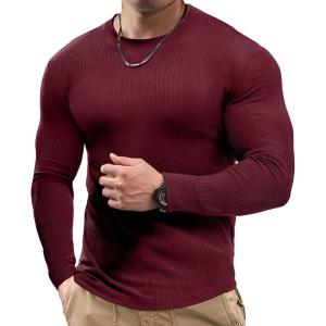 JMIERR Mens Fall Crewneck Shirt Long Sleeve Anti-Wrinkle Casual Muscle T Shirts Workout Slim Fitted(B Red)