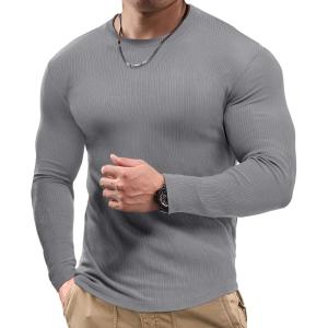 JMIERR Mens Fall Crewneck Shirt Long Sleeve Anti-Wrinkle Casual Muscle T Shirts Workout Slim Fitted(C Grey 2)