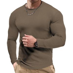 JMIERR Mens Fall Crewneck Shirt Long Sleeve Anti-Wrinkle Casual Muscle T Shirts Workout Slim Fitted(F Cocoa Brown)