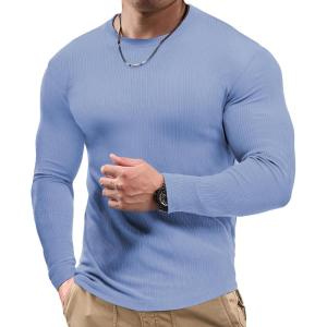 JMIERR Mens Fall Crewneck Shirt Long Sleeve Anti-Wrinkle Casual Muscle T Shirts Workout Slim Fitted(F Sky Blue)