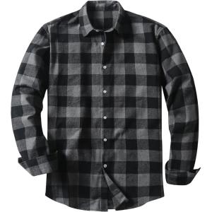 JMIERR Men’s Flannel Shirts Casual Long Sleeve Button-Down Plaid Brushed Cotton Shirt(B Black)