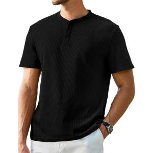 JMIERR Men’s Henley Shirts Waffle Cotton Crewneck T-Shirt Gym Workout Athletic Shirt Tees with Button(Black)