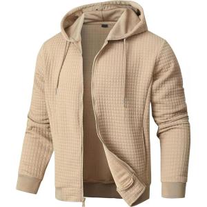 JMIERR Men’s Jacquard Plaid Hoodie Long Sleeve Drawstring Casual Hooded Sweatshirts Jackets with Pockets(Apricot)