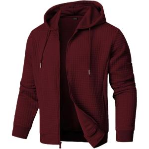 JMIERR Men’s Jacquard Plaid Hoodie Long Sleeve Drawstring Casual Hooded Sweatshirts Jackets with Pockets(Burgundy)