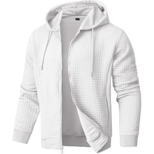 JMIERR Men’s Jacquard Plaid Hoodie Long Sleeve Drawstring Casual Hooded Sweatshirts Jackets with Pockets(White)