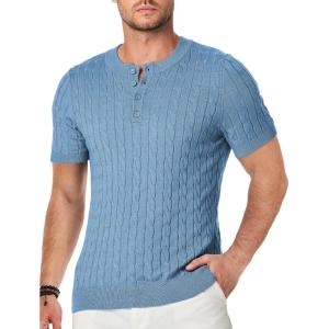 JMIERR Men’s Knit Henley Shirts Casual Short Sleeve Button T-Shirt Cable Knitted Polo Shirts Golf Shirt(Blue)