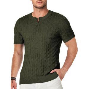 JMIERR Men’s Knit Henley Shirts Casual Short Sleeve Button T-Shirt Cable Knitted Polo Shirts Golf Shirt(Green)