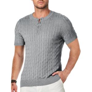 JMIERR Men’s Knit Henley Shirts Casual Short Sleeve Button T-Shirt Cable Knitted Polo Shirts Golf Shirt(Grey)