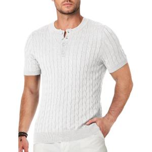JMIERR Men’s Knit Henley Shirts Casual Short Sleeve Button T-Shirt Cable Knitted Polo Shirts Golf Shirt(White)