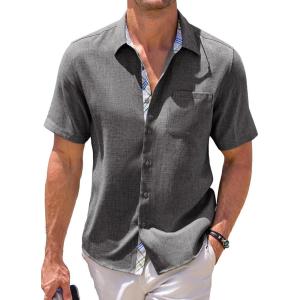 JMIERR Men‘s Linen Shirts Short Sleeve Summer Button Down Casual Beach Hawaiian Shirt with Pocket(Dark Grey)