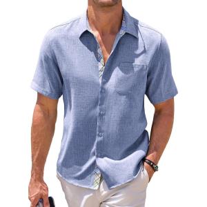 JMIERR Men‘s Linen Shirts Short Sleeve Summer Button Down Casual Beach Hawaiian Shirt with Pocket(Denim Blue)