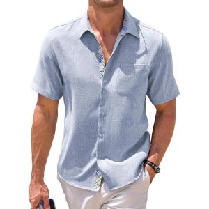 JMIERR Men‘s Linen Shirts Short Sleeve Summer Button Down Casual Beach Hawaiian Shirt with Pocket(Light Blue)