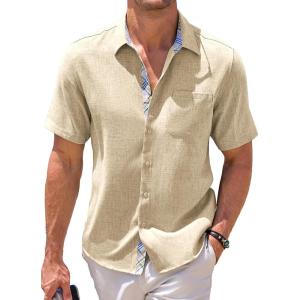 JMIERR Men‘s Linen Shirts Short Sleeve Summer Button Down Casual Beach Hawaiian Shirt with Pocket(Light Khaki)