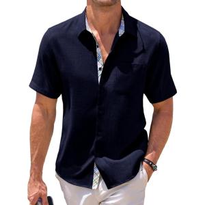 JMIERR Men‘s Linen Shirts Short Sleeve Summer Button Down Casual Beach Hawaiian Shirt with Pocket(Navy Blue)
