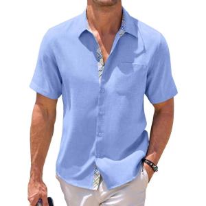 JMIERR Men‘s Linen Shirts Short Sleeve Summer Button Down Casual Beach Hawaiian Shirt with Pocket(Sky Blue)