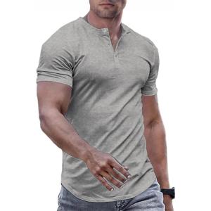 JMIERR Men’s Muscle Slim Henley Shirts Crewneck Longline T-Shirt Gym Workout Athletic Shirt Tees with Button(03 Grey)
