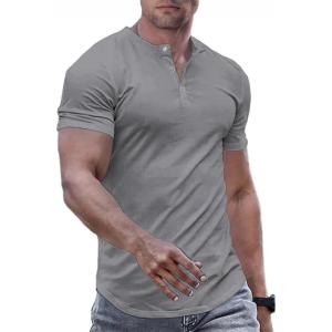 JMIERR Men’s Muscle Slim Henley Shirts Crewneck Longline T-Shirt Gym Workout Athletic Shirt Tees with Button(A Grey2)
